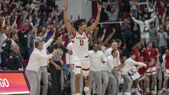 Mar 1, 2025; Stanford, California, USA; Stanford Cardinal guard Ryan Agarwal (11) reacts with the crowd during the second half against the Southern Methodist Mustangs at Maples Pavilion. Mandatory Credit: Stan Szeto-Imagn Images Mar 1, 2025; Stanford, California, USA; Stanford Cardinal guard Ryan Agarwal (11) reacts with the crowd during the second half against the Southern Methodist Mustangs at Maples Pavilion. Mandatory Credit: Stan Szeto-Imagn Images