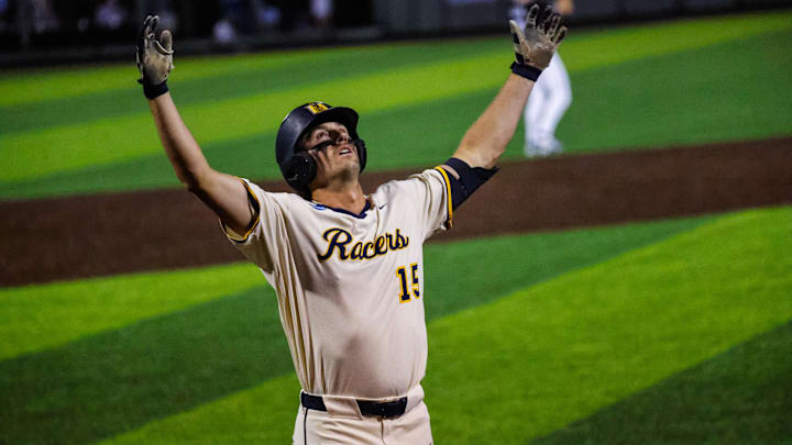 Jun 9, 2025; Durham, NC, USA; Murray St. outfielder Jonathan Hogart (15) celebrates a home run during the seventh inning of the Durham Super Regional against Duke at Jack Coombs Field. 