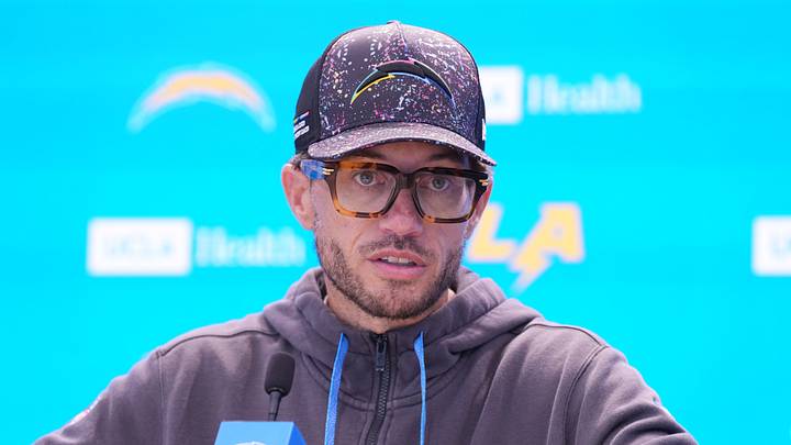 Jul 31, 2026; El Segundo, CA, USA; Los Angeles Chargers offensive coordinator Mike McDaniel during training camp press conference at The Bolt. Mandatory Credit: Kirby Lee-Imagn Images