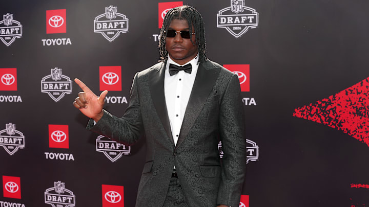 Apr 23, 2026; Pittsburgh, PA, USA; Texas Tech Red Raiders linebacker David Bailey poses on the red carpet before the 2026 NFL Draft at Point State Park. Mandatory Credit: Kirby Lee-Imagn Images