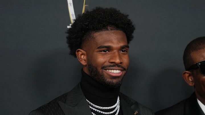 Feb 6, 2025; New Orleans, LA, USA;  Shedeur Sanders on the red carpet before Super Bowl LIX NFL Honors at Saenger Theatre. 