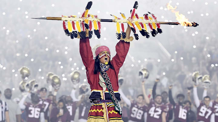Nov 25, 2022; Tallahassee, Florida, USA; Florida State Seminoles symbol Chief Osceola plants the spear at midfield before the game against the Florida Gators at Doak S. Campbell Stadium. Mandatory Credit: Melina Myers-Imagn Images