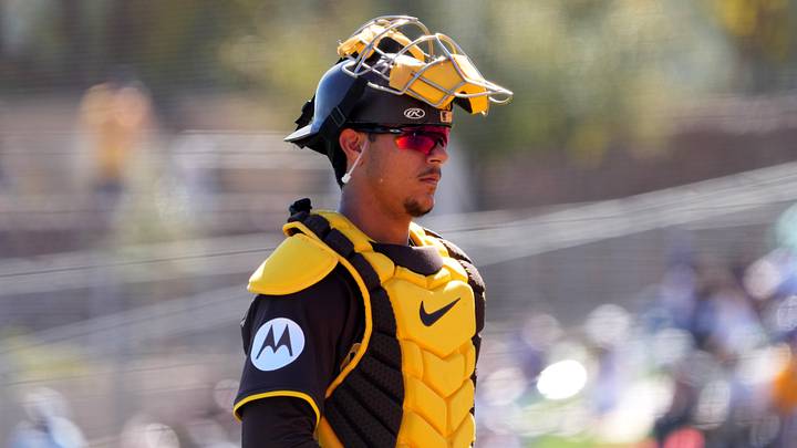 Feb 23, 2025; Phoenix, Arizona, USA; San Diego Padres catcher Ethan Salas (90) looks on against the Los Angeles Dodgers during the second inning at Camelback Ranch-Glendale. Mandatory Credit: Joe Camporeale-Imagn Images Feb 23, 2025; Phoenix, Arizona, USA; San Diego Padres catcher Ethan Salas (90) looks on against the Los Angeles Dodgers during the second inning at Camelback Ranch-Glendale. Mandatory Credit: Joe Camporeale-Imagn Images