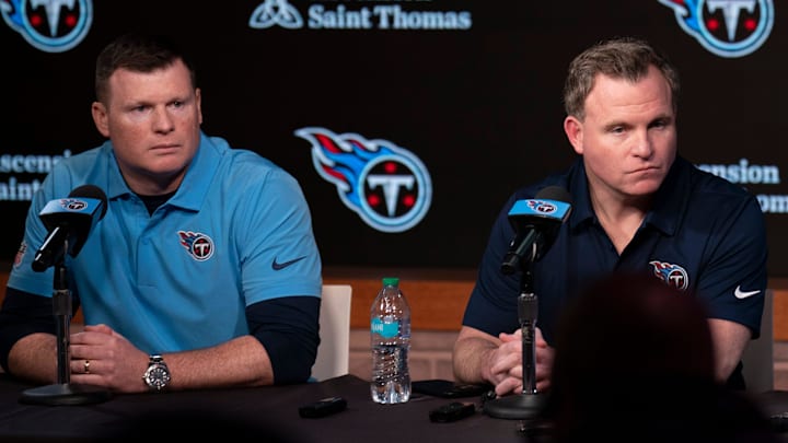 Tennessee Titans management, from left, Chad Brinker, president of football operations, Mike Borgonzi, general manager, and Brian Callahan, head coach, field questions from the media at Ascension Saint Thomas Sports Park in Nashville, Tenn., Tuesday, April 22, 2025.