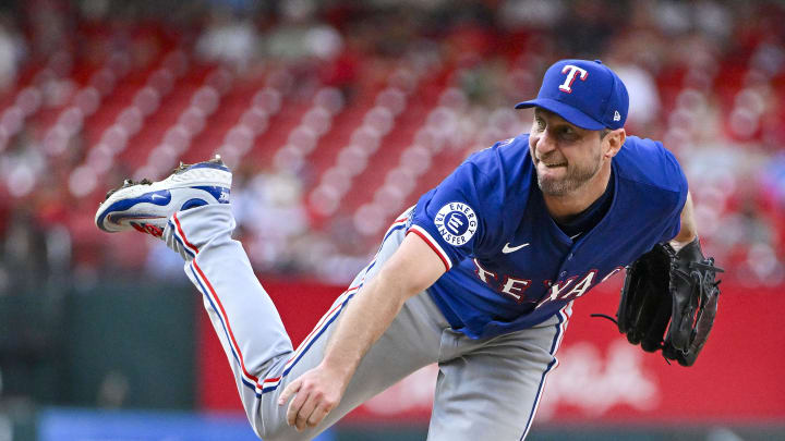 Texas Rangers starting pitcher Max Scherzer (31) pitches against the St. Louis Cardinals during the first inning at Busch Stadium on July 30.