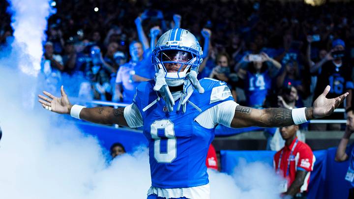 Detroit Lions running back Jahmyr Gibbs (0) is introduced to the starting lineup ahead of a game against the New Orleans Saints at Ford Field in Detroit on Sunday Sept. 13, 2026. Detroit Lions running back Jahmyr Gibbs (0) is introduced to the starting lineup ahead of a game against the New Orleans Saints at Ford Field in Detroit on Sunday Sept. 13, 2026.