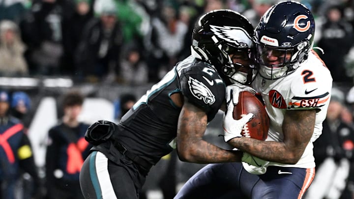 Eagles cornerback Quinyon Mitchell brings down Bears wide receiver DJ Moore in the Bears' 24-15 win on Black Friday. Eagles cornerback Quinyon Mitchell brings down Bears wide receiver DJ Moore in the Bears' 24-15 win on Black Friday.
