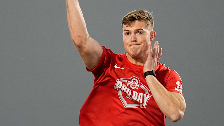 Ohio State Buckeyes quarterback Will Howard throws during the pro day for NFL scouts at the Woody Hayes Athletic Cente on March 26, 2025.