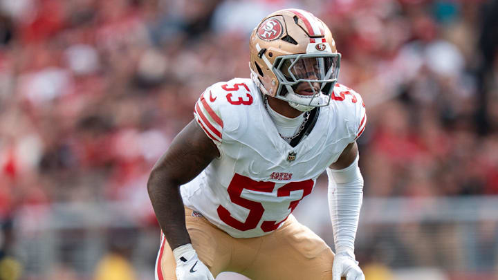September 28, 2025; Santa Clara, California, USA; San Francisco 49ers linebacker Dee Winters (53) during the third quarter against the Jacksonville Jaguars at Levi's Stadium. Mandatory Credit: Kyle Terada-Imagn Images September 28, 2025; Santa Clara, California, USA; San Francisco 49ers linebacker Dee Winters (53) during the third quarter against the Jacksonville Jaguars at Levi's Stadium. Mandatory Credit: Kyle Terada-Imagn Images