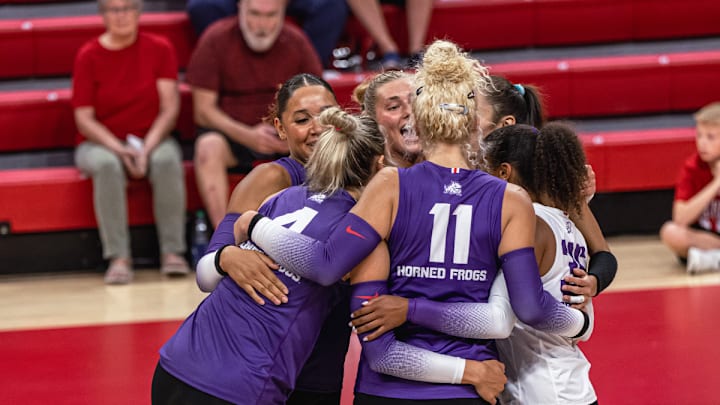 TCU Volleyball players celebrate a win over the Oklahoma Sooners on August 30, 2024. Credit: X:@TCUvolleyball TCU Volleyball players celebrate a win over the Oklahoma Sooners on August 30, 2024. Credit: X:@TCUvolleyball