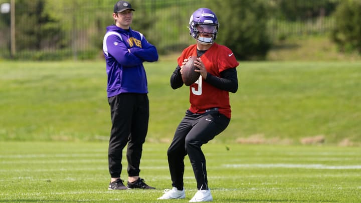 J.J. McCarthy during Vikings offseason workouts. 