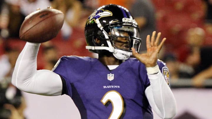 Aug 8, 2013; Tampa, FL, USA; Baltimore Ravens quarterback Tyrod Taylor (2) throws the ball during the second half against the Tampa Bay Buccaneers at Raymond James Stadium. Baltimore Ravens defeated the Tampa Bay Buccaneers 44-16. Mandatory Credit: Kim Klement-Imagn Images Aug 8, 2013; Tampa, FL, USA; Baltimore Ravens quarterback Tyrod Taylor (2) throws the ball during the second half against the Tampa Bay Buccaneers at Raymond James Stadium. Baltimore Ravens defeated the Tampa Bay Buccaneers 44-16. Mandatory Credit: Kim Klement-Imagn Images