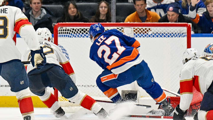 Mar 1, 2026; Elmont, New York, USA; New York Islanders left wing Anders Lee (27) scores the winning goal against the Florida Panthers during the third period at UBS Arena. Mandatory Credit: Dennis Schneidler-Imagn Images Mar 1, 2026; Elmont, New York, USA; New York Islanders left wing Anders Lee (27) scores the winning goal against the Florida Panthers during the third period at UBS Arena. Mandatory Credit: Dennis Schneidler-Imagn Images