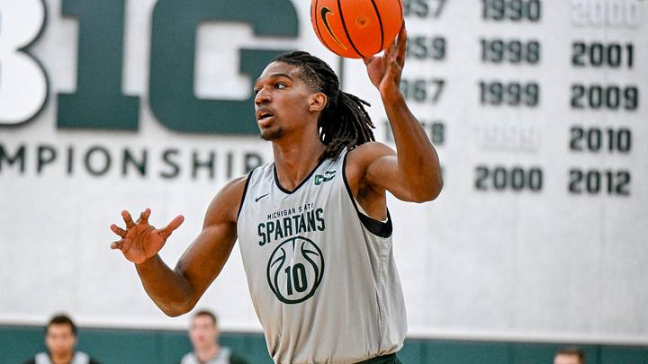 Michigan State’s Ethan Taylor gets a pass during the first basketball practice of the season on Tuesday, Sept. 22, 2026, at the Breslin Center in East Lansing. Michigan State’s Ethan Taylor gets a pass during the first basketball practice of the season on Tuesday, Sept. 22, 2026, at the Breslin Center in East Lansing.