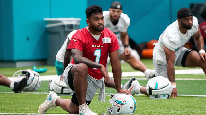 Miami Dolphins quarterback Tua Tagovailoa (1) participates in training camp at Baptist Health