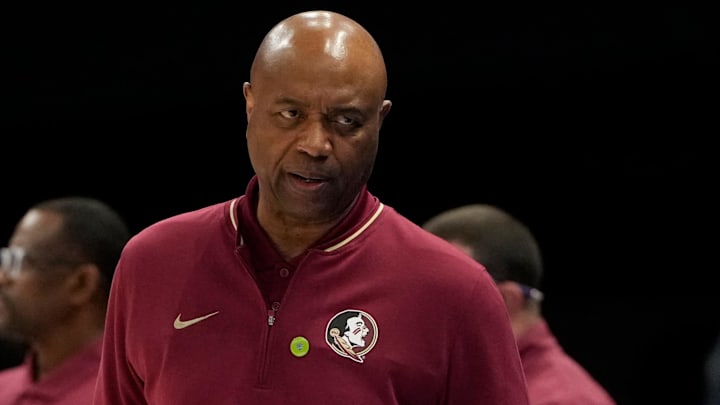 Mar 11, 2025; Charlotte, NC, USA; Florida State Seminoles head coach Leonard Hamilton reacts in the second half at Spectrum Center. Mandatory Credit: Bob Donnan-Imagn Images