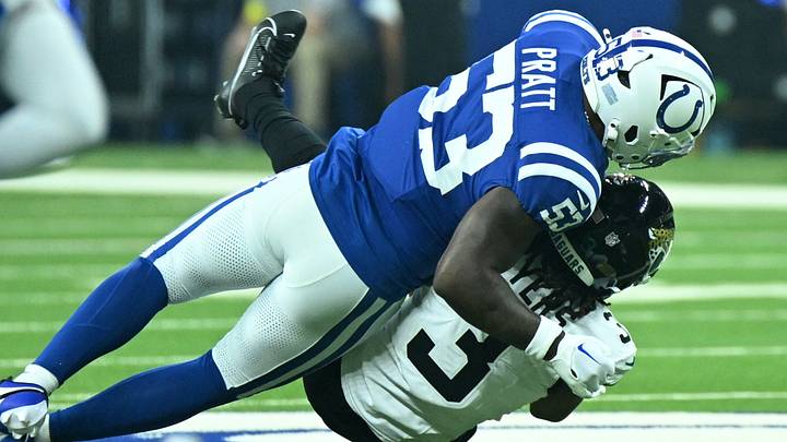 Dec 28, 2025; Indianapolis, Indiana, USA; Indianapolis Colts linebacker Germaine Pratt (53) tackles Jacksonville Jaguars wide receiver Jakobi Meyers (3) during the first half at Lucas Oil Stadium. Mandatory Credit: Robert Goddin-Imagn Images