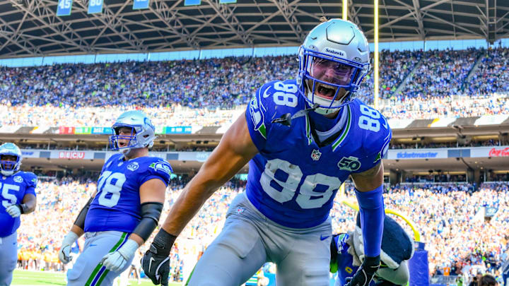Oct 5, 2025; Seattle, Washington, USA; Seattle Seahawks tight end AJ Barner (88) reacts after catching a touchdown pass against the Tampa Bay Buccaneers during the second half at Lumen Field. Oct 5, 2025; Seattle, Washington, USA; Seattle Seahawks tight end AJ Barner (88) reacts after catching a touchdown pass against the Tampa Bay Buccaneers during the second half at Lumen Field.
