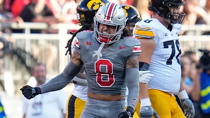 Oct 5, 2024; Columbus, OH, USA; Ohio State Buckeyes safety Lathan Ransom (8) celebrates a stop during the second half of the NCAA football game against the Iowa Hawkeyes at Ohio Stadium. Ohio State won 35-7.