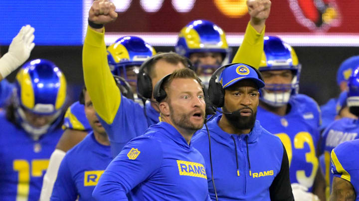Dec 28, 2024; Inglewood, California, USA; Los Angeles Rams head coach Sean McVay and assistant head coach Aubrey Pleasant react after a play in the first half against the Arizona Cardinals at SoFi Stadium. Mandatory Credit: Jayne Kamin-Oncea-Imagn Images Dec 28, 2024; Inglewood, California, USA; Los Angeles Rams head coach Sean McVay and assistant head coach Aubrey Pleasant react after a play in the first half against the Arizona Cardinals at SoFi Stadium. Mandatory Credit: Jayne Kamin-Oncea-Imagn Images