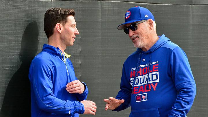 Chicago Cubs manager Joe Maddon talks with director of strategic initiatives Craig Breslow. Chicago Cubs manager Joe Maddon talks with director of strategic initiatives Craig Breslow.