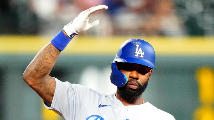 Sep 28, 2023; Denver, Colorado, USA; Los Angeles Dodgers right fielder Jason Heyward (23) reacts