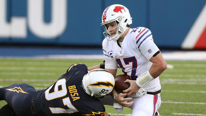 Buffalo Bills quarterback Josh Allen is sacked by former Los Angeles Chargers defender Joey Bosa 