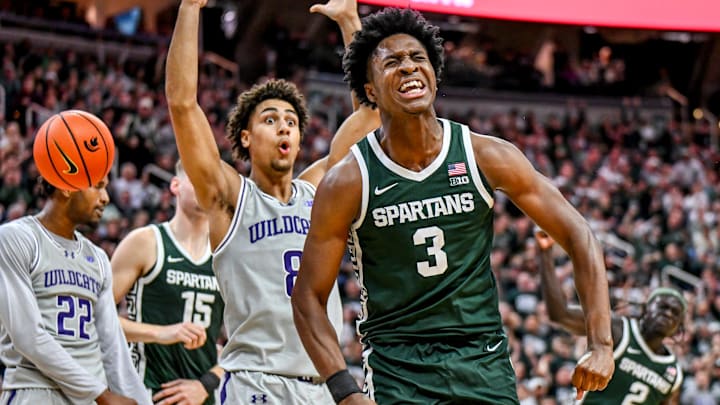 Michigan State's Cam Ward celebrates after a score and a Northwestern foul during the second half on Thursday, Jan. 8, 2026, at the Breslin Center in East Lansing.