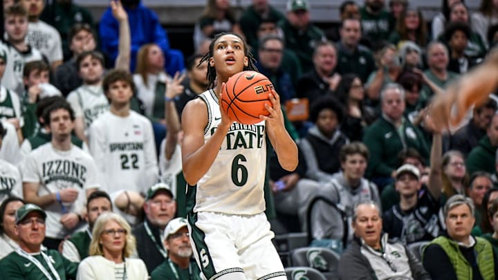 Michigan State's Jordan Scott makes a 3-pointer against UCLA during the first half on Tuesday, Feb. 17, 2026, at the Breslin Center in East Lansing. Michigan State's Jordan Scott makes a 3-pointer against UCLA during the first half on Tuesday, Feb. 17, 2026, at the Breslin Center in East Lansing.