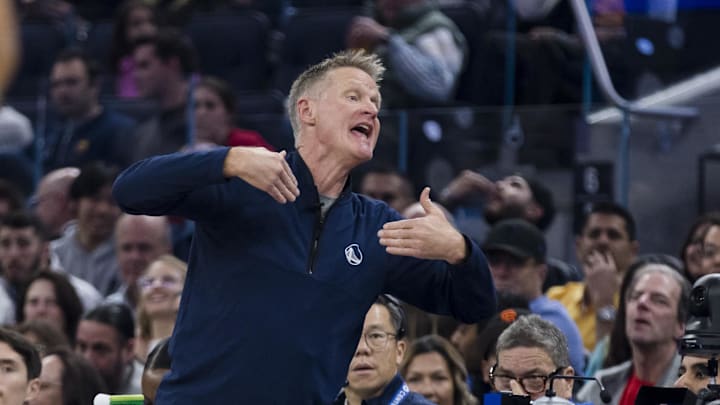 Nov 27, 2024; San Francisco, California, USA; Golden State Warriors head coach Steve Kerr reacts during the first half of the game against the Oklahoma City Thunder at Chase Center. Mandatory Credit: John Hefti-Imagn Images