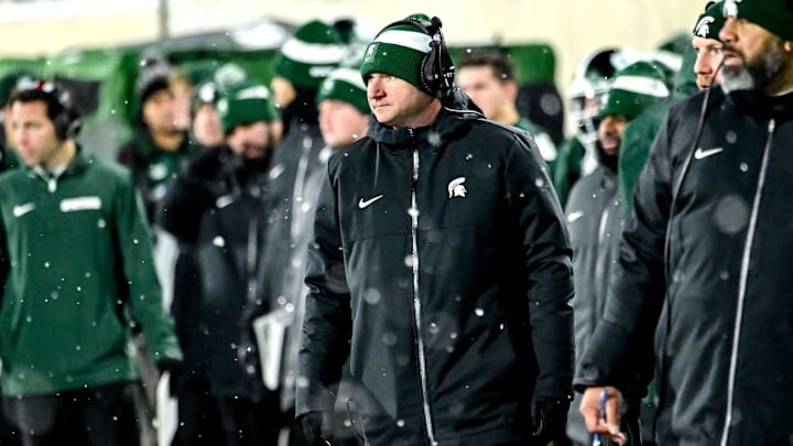 Michigan State's head coach Jonathan Smith looks on from the sideline during the third quarter in the game against Rutgers on Saturday, Nov. 30, 2024, at Spartan Stadium in East Lansing.