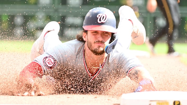 Sep 7, 2024; Pittsburgh, Pennsylvania, USA;  Washington Nationals right fielder Dylan Crews (3) steals third base against the Pittsburgh Pirates during the eighth inning at PNC Park. The Nationals won 5-3 in game one of a double header.  
