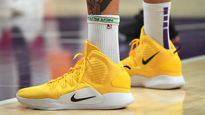 Nov 29, 2018; Los Angeles, CA, USA;  Nike basketball sneakers worn by Los Angeles Lakers center JaVale McGee (7) are seen during a game against the Indiana Pacers at Staples Center. Mandatory Credit: Jayne Kamin-Oncea-Imagn Images