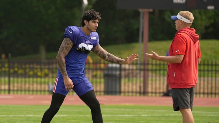 Buffalo Bills linebacker Jimmy Ciarlo stays after practice for advice from special teams coordinator Chris Tabor at Bills Training Camp at St. John Fisher University in Pittsford on Aug.6, 2025.