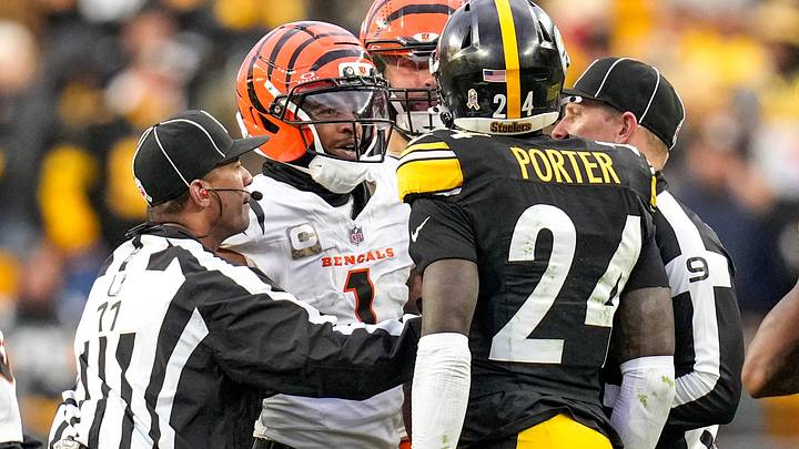 Cincinnati Bengals wide receiver Ja'Marr Chase (1) and Pittsburgh Steelers cornerback Joey Porter Jr. (24) exchange words in the fourth quarter of the NFL Week 11 game between the Pittsburgh Steelers and the Cincinnati Bengals at Acrisure Stadium in Pittsburgh on Sunday, Nov. 16, 2025. The Bengals lost 34-12.