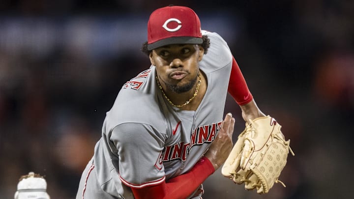 Cincinnati Reds starting pitcher Hunter Greene (21) reacts after throwing