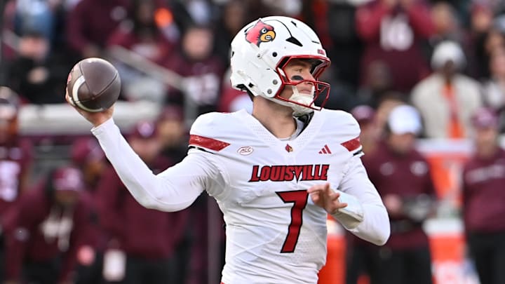 Nov 1, 2025; Blacksburg, Virginia, USA;  Louisville Cardinals quarterback Miller Moss (7) throws a pass against the Virginia Tech Hokies during the third quarter at Lane Stadium. Mandatory Credit: Brian Bishop-Imagn Images