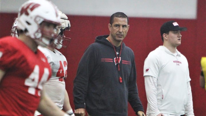 Wisconsin coach Luke Fickell watches spring practice at the McClain Center in Madison, Wisconsin on Tuesday April 2, 2024.