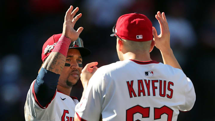 Cleveland Guardians third baseman Jose Ramirez (11) celebrates with Cleveland Guardians first baseman CJ Kayfus (63) after Game 2 of the American League wild card series at Progressive Field, Oct. 1, 2025, in Cleveland, Ohio.