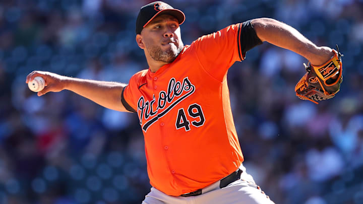 Sep 29, 2024; Minneapolis, Minnesota, USA; Baltimore Orioles starting pitcher Albert Suarez (49) delivers a pitch against the Minnesota Twins during the first inning at Target Field.