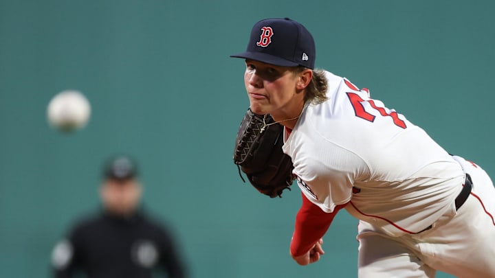 Sep 16, 2025; Boston, Massachusetts, USA; Boston Red Sox starting pitcher Connelly Early (71) delivers a pitch during the first inning against the Athletics at Fenway Park. Mandatory Credit: Paul Rutherford-Imagn Images