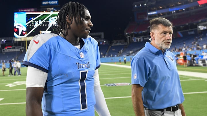 Aug 22, 2025; Nashville, Tennessee, USA;   Tennessee Titans quarterback Cameron Ward (1) walks off the field against the Minnesota Vikings during post game at Nissan Stadium. Mandatory Credit: Steve Roberts-Imagn Images