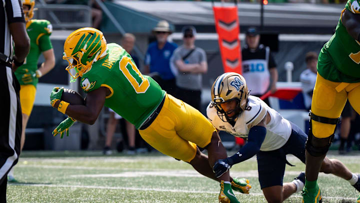 Oregon running back Jordon Davison dives for a touchdown as the Oregon Ducks host the Montana State Bobcats on Aug. 30, 2025, at Autzen Stadium in Eugene, Oregon.