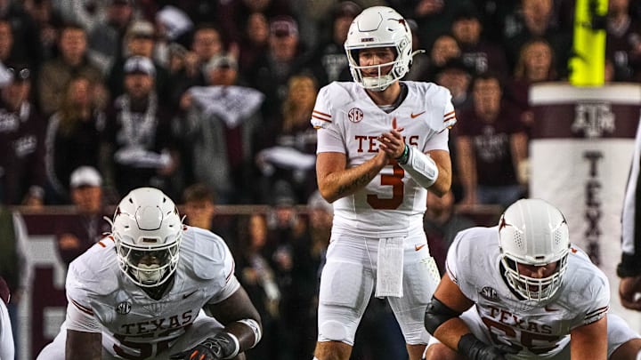 Texas Longhorns quarterback Quinn Ewers (3) against the Texas A&M Aggies at Kyle Field on Saturday, Nov. 30, 2024.
