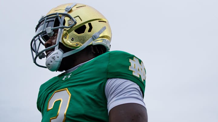 Notre Dame running back Gi'Bran Payne warms up before a NCAA college football game between Notre Dame and Louisville at Notre Dame Stadium on Saturday, Sept. 28, 2024, in South Bend. Notre Dame running back Gi'Bran Payne warms up before a NCAA college football game between Notre Dame and Louisville at Notre Dame Stadium on Saturday, Sept. 28, 2024, in South Bend.