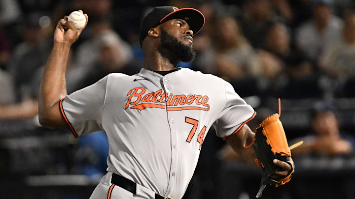 Jun 17, 2025; St. Petersburg, Florida, USA; Baltimore Orioles  relief pitcher Felix Bautista (74) throws a pitch in the ninth inning against the Tampa Bay Rays at George M. Steinbrenner Field.