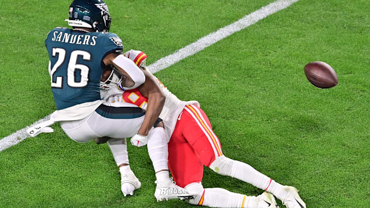 Feb 12, 2023; Glendale, Arizona, US; Philadelphia Eagles running back Miles Sanders (26) cannot