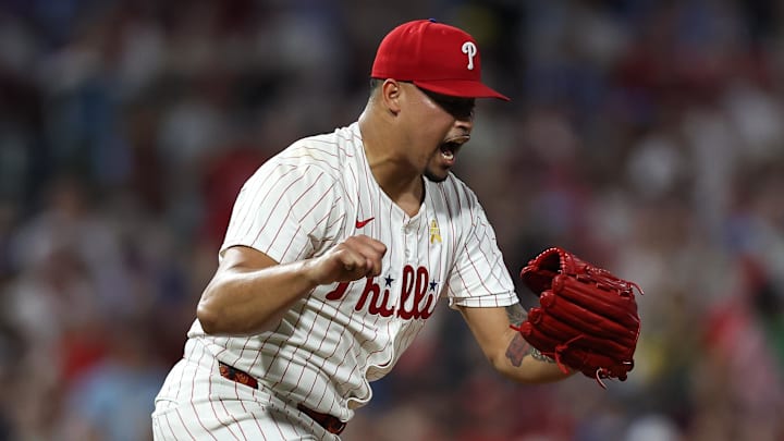 Sep 13, 2025; Philadelphia, Pennsylvania, USA; Philadelphia Phillies pitcher Jhoan Duran (59) reacts after a strikeout to end the game with a win against the Kansas City Royals at Citizens Bank Park. Sep 13, 2025; Philadelphia, Pennsylvania, USA; Philadelphia Phillies pitcher Jhoan Duran (59) reacts after a strikeout to end the game with a win against the Kansas City Royals at Citizens Bank Park.