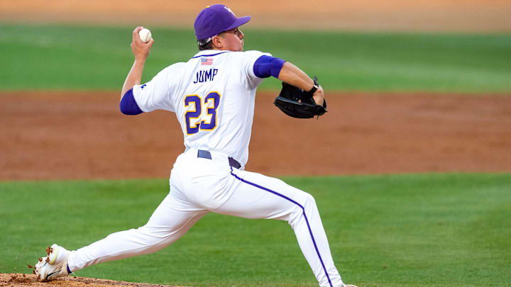 Tigers starting pitcher Gage Jump 23 on the mound as the LSU Tigers take on the Vanderbilt