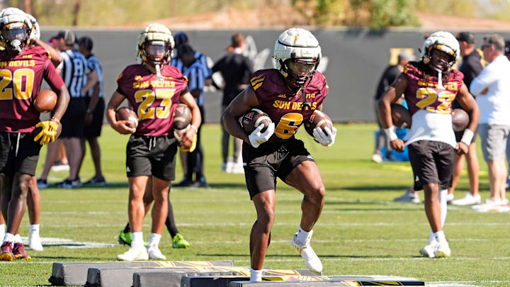 Arizona State running back Kanye Udoh (6) during spring football practice at Kajikawa practice fields in Tempe on Tuesday, March 25, 2025. Arizona State running back Kanye Udoh (6) during spring football practice at Kajikawa practice fields in Tempe on Tuesday, March 25, 2025.